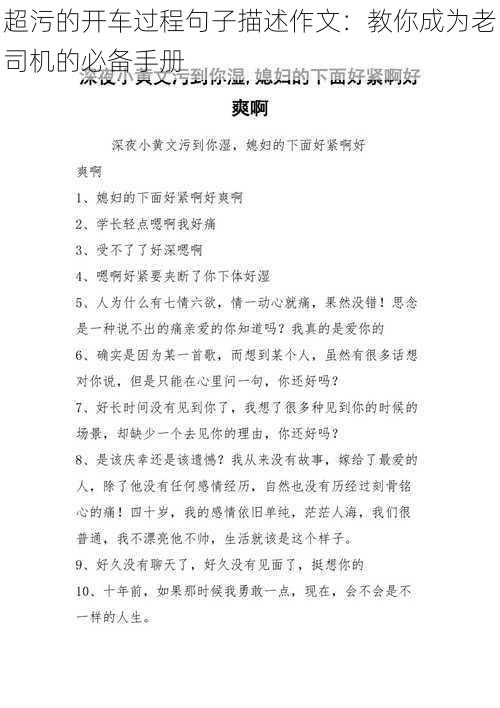 超污的开车过程句子描述作文:教你成为老司机的必备手册