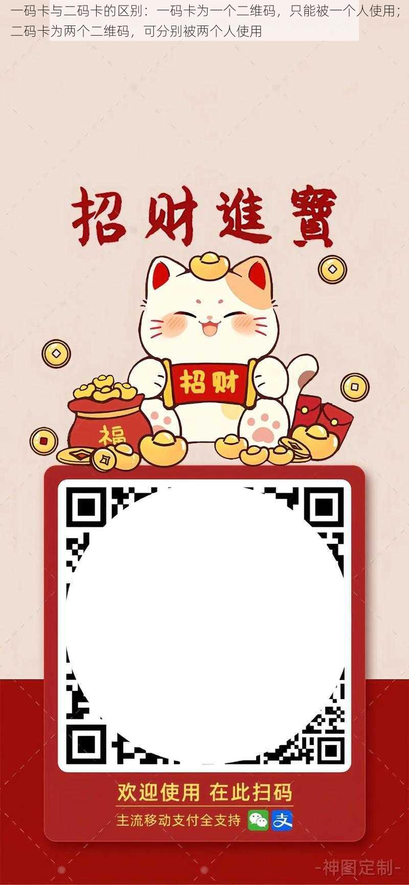 一码卡与二码卡的区别:一码卡为一个二维码,只能被一个人使用;二码卡为两个二维码,可分别被两个人使用