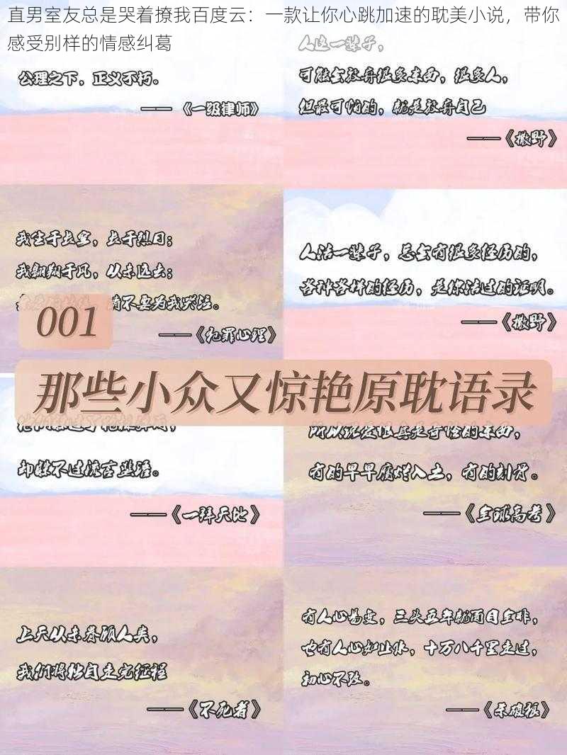 直男室友总是哭着撩我百度云:一款让你心跳加速的耽美小说,带你感受别样的情感纠葛