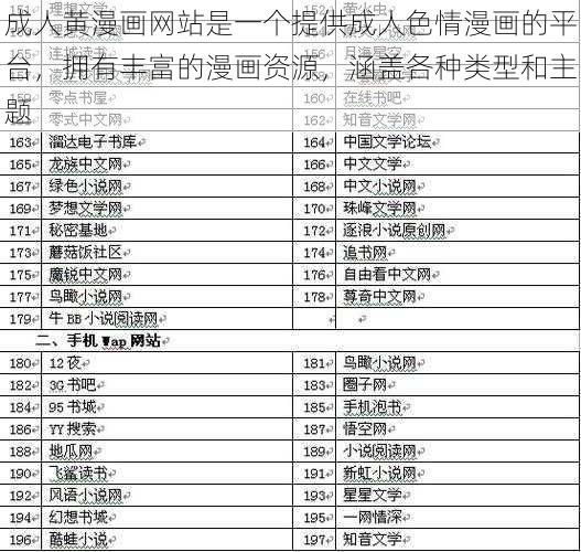成人黄漫画网站是一个提供成人色情漫画的平台,拥有丰富的漫画资源,涵盖各种类型和主题